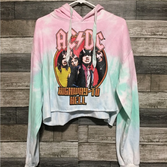 AC/DC Highway To Hell Crop Hoodie Tie Dye Women’s L Pink Green Relaxed - Picture 4 of 9